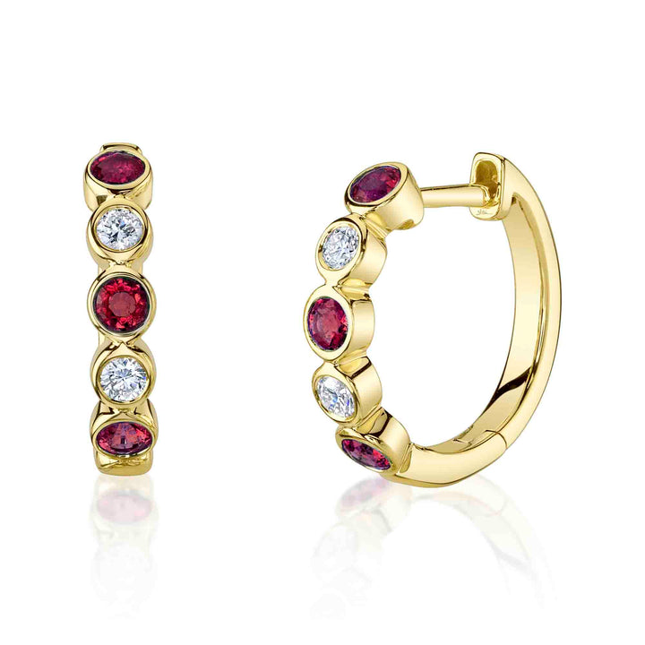 Shy Creation 0.16Ct Diamond & 0.48Ct Ruby 14K Yellow Gold Bezel Huggie Earring SC55026667