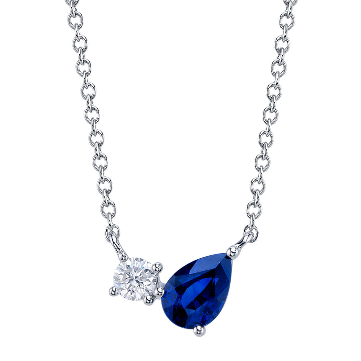Shy Creation 0.11Ct Diamond & 0.56Ct Blue Sapphire 14K White Gold Pear Necklace SC55027599