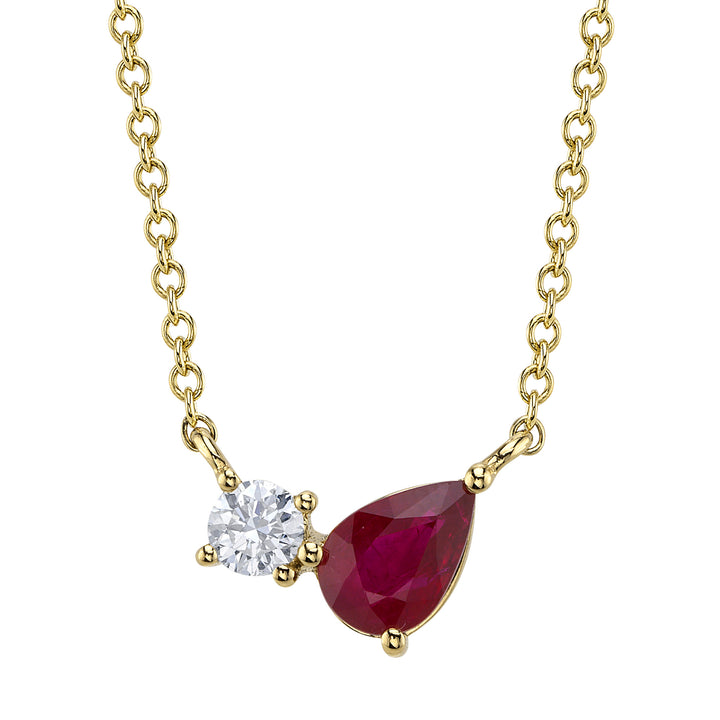 Shy Creation 0.11Ct Diamond & 0.47Ct Ruby 14K Yellow Gold Pear Necklace SC55028005