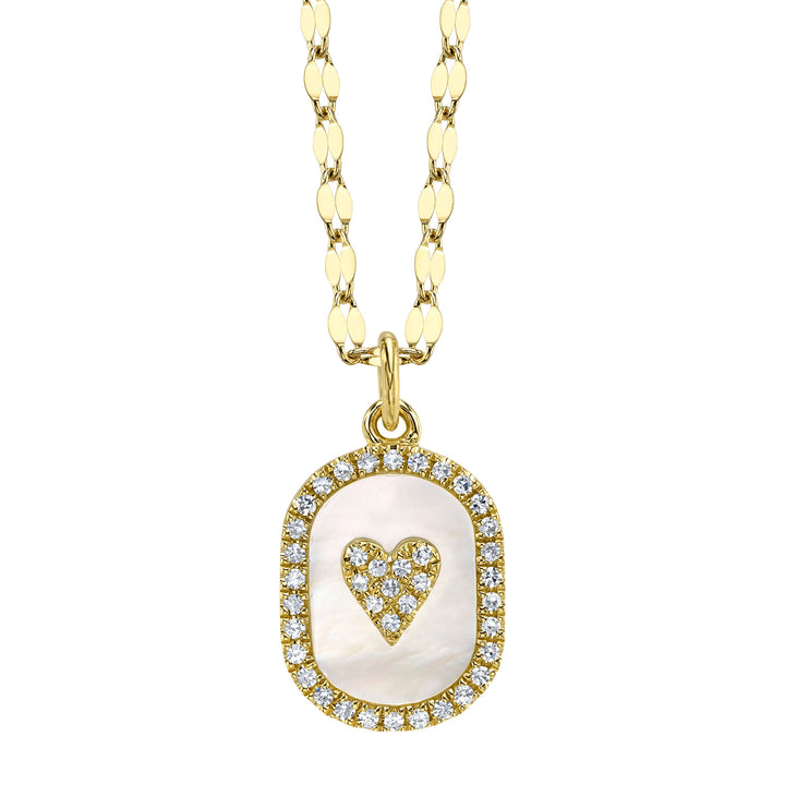 Shy Creation 0.10Ct Diamond & 0.87Ct Mother Of Pearl 14K Yellow Gold Oval Pave Heart Sparkle Chain Necklace SC55028836