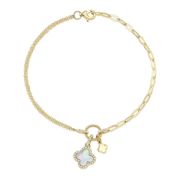 Shy Creation 0.12 TCW Diamond & 0.54 CT Mother Of Pearl 14K Yellow Gold Clover Paper Clip Link Bracelet SC55028999