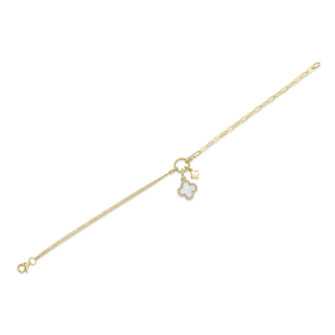 Shy Creation 0.12 TCW Diamond & 0.54 CT Mother Of Pearl 14K Yellow Gold Clover Paper Clip Link Bracelet SC55028999