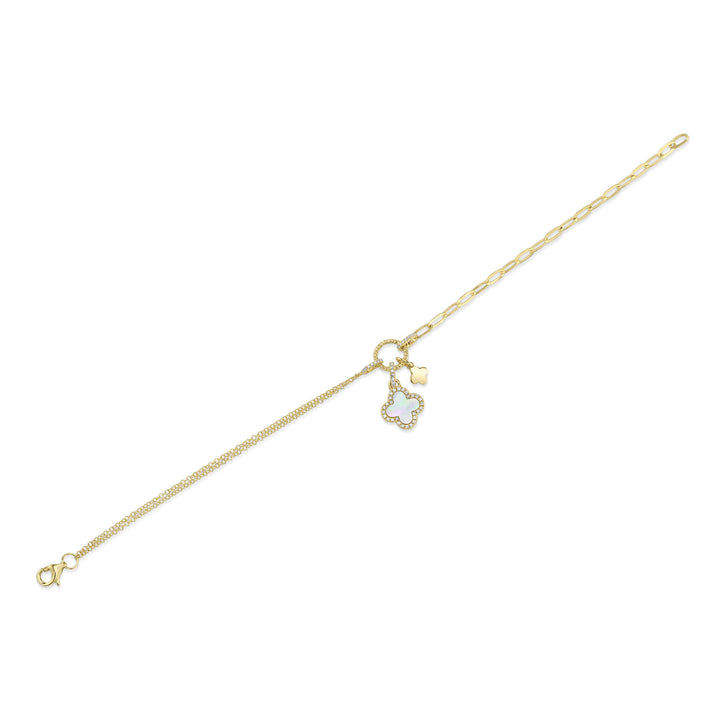 Shy Creation 0.12 TCW Diamond & 0.54 CT Mother Of Pearl 14K Yellow Gold Clover Paper Clip Link Bracelet SC55028999