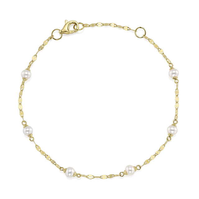 Shy Creation Cultured Pearl Sparkle Chain Bracelet in 14K Yellow Gold