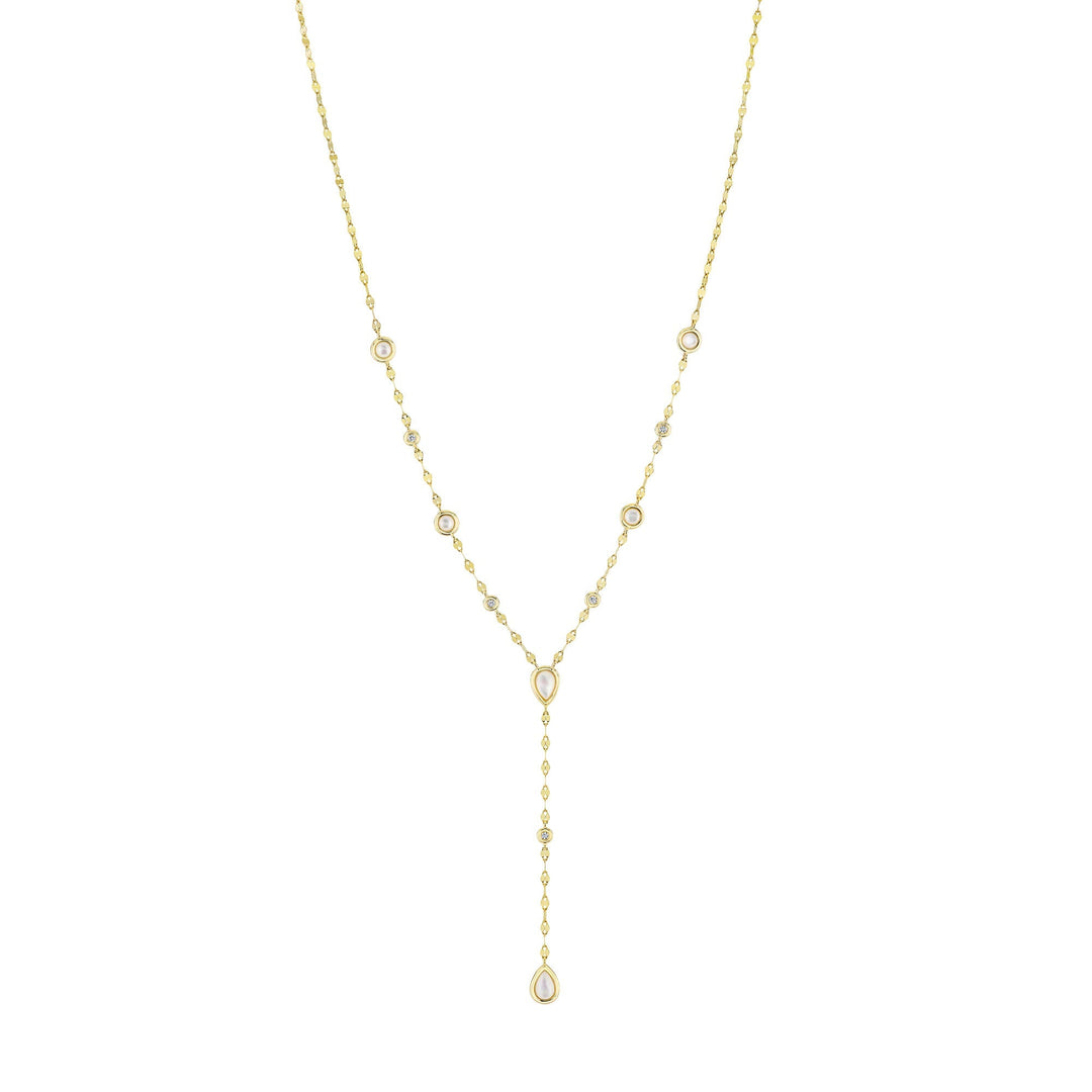 Shy Creation 0.07 ct Diamond & Mother of Pearl Pear Bezel Lariat Sparkle Chain Necklace in 14K Yellow Gold — product view — SC55029664