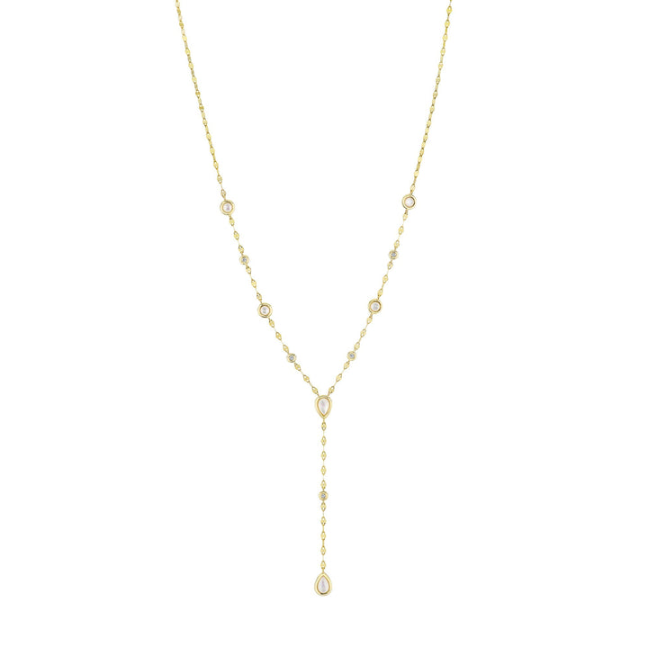 Shy Creation 0.07 ct Diamond & Mother of Pearl Pear Bezel Lariat Sparkle Chain Necklace in 14K Yellow Gold — product view — SC55029664
