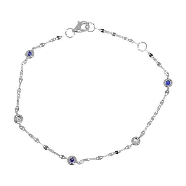 Shy Creation 0.04 ct Diamond & Blue Sapphire 7" Bezel-Set Diamond Station Sparkle Chain Bracelet in 14K White Gold