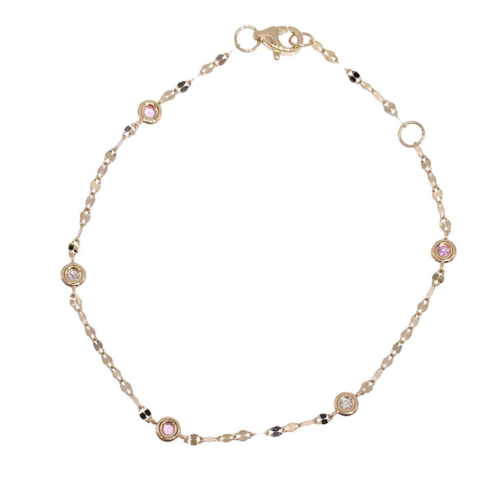 Shy Creation 0.04 ct Diamond & Pink Sapphire 7" Bezel-Set Diamond Station Sparkle Chain Bracelet in 14K Yellow Gold — SC55029854