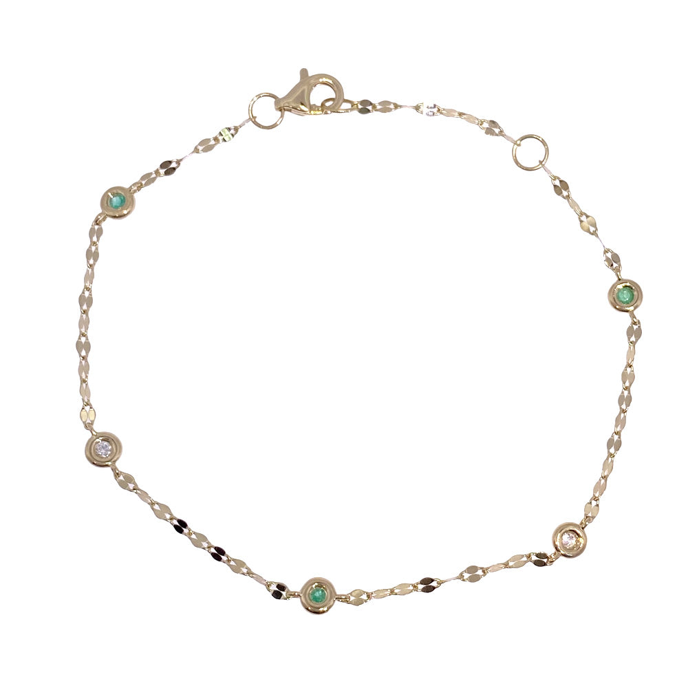 Shy Creation 14K Yellow Gold 0.04 TCW Diamond & 0.05 TCW Emerald 7" By The Yard Sparkle Chain Bracelet SC55029860