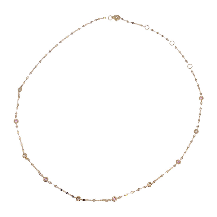 Shy Creation 0.09 ct Diamond & Pink Sapphire 18" Bezel-Set Diamond Station Sparkle Necklace in 14K Yellow Gold — SC55029866