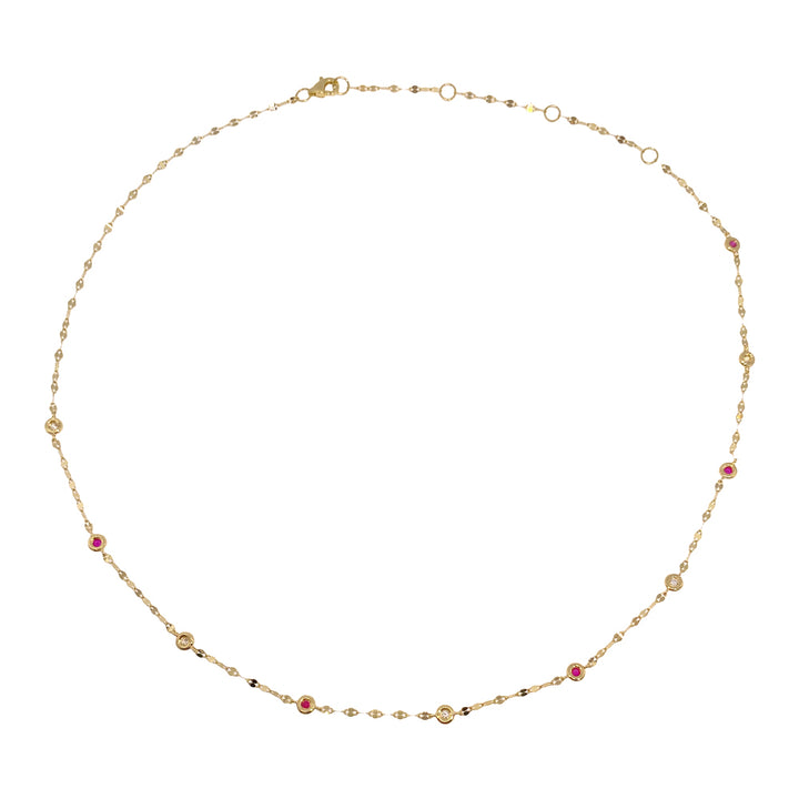 Shy Creation 0.09 ct Diamond & Ruby 18" Bezel-Set Diamond Station Sparkle Necklace in 14K Yellow Gold — SC55029869