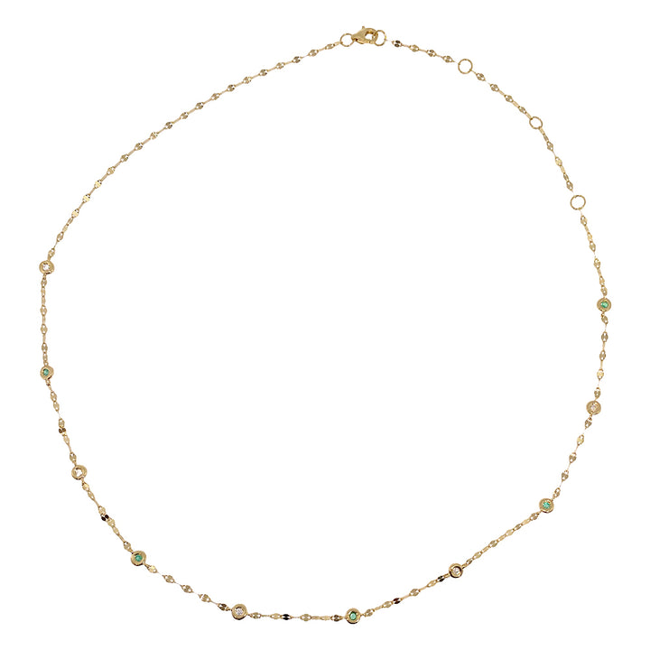 Shy Creation 0.09 ct Diamond & Emerald 18" Bezel-Set Diamond Station Sparkle Necklace in 14K Yellow Gold — SC55029872