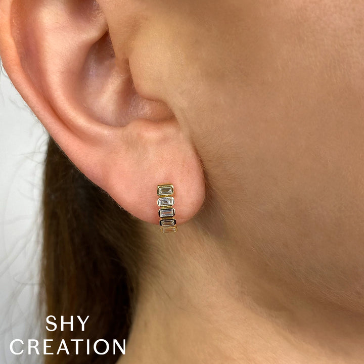 Shy Creation 0.59Ct 14K Yellow Gold Diamond Baguette Bezel Huggie Earring SC22008698