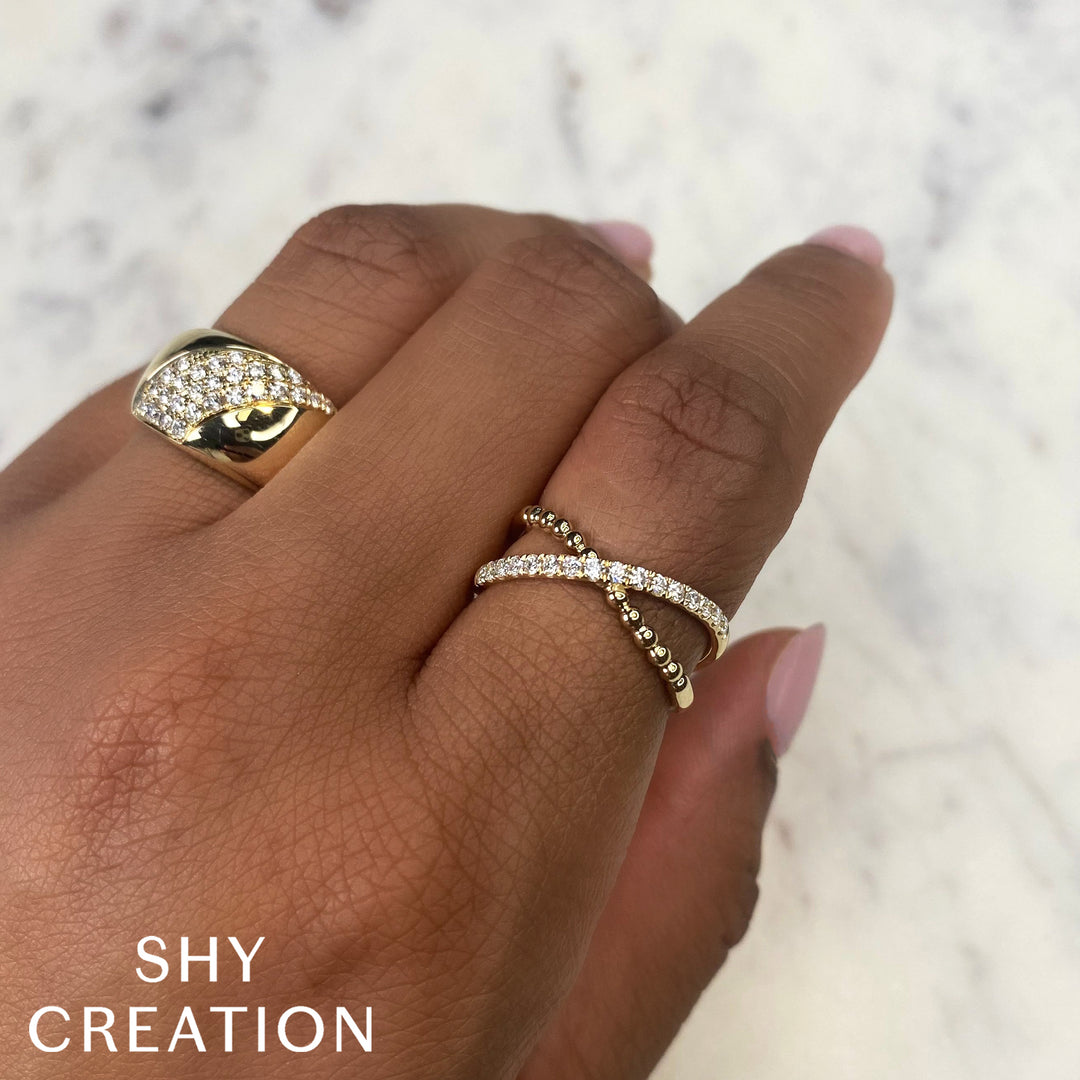 Shy Creation 0.27Ct 14K Yellow Gold Diamond "X" Ring SC22008896