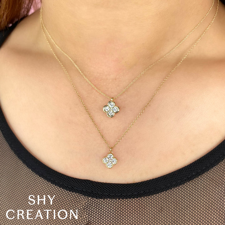 Shy Creation 0.33Ct 14K Yellow Gold Diamond Clover Necklace SC55025668