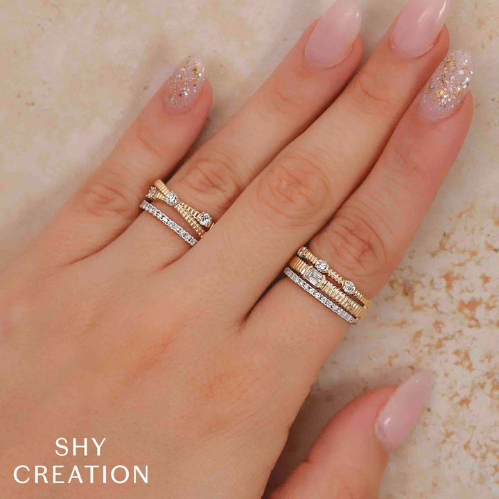 Shy Creation 0.50Ct 14K Yellow Gold Diamond Ribbed Bridge Ring SC22009724RD