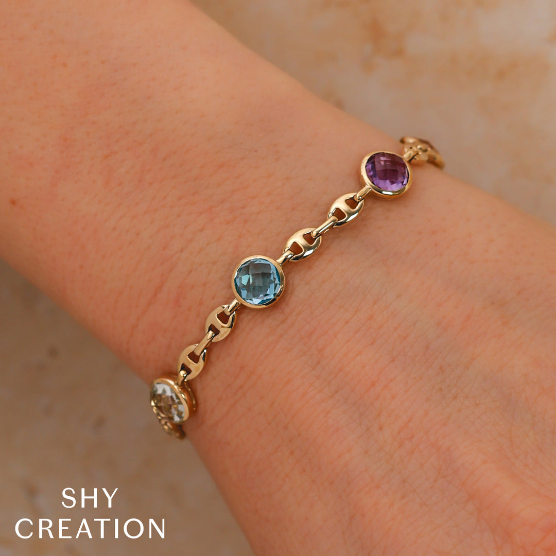 Shy Creation 7.32 TCW 14K Yellow Gold Multi-Colour Gemstone Link Bracelet SC36214942Z7.5