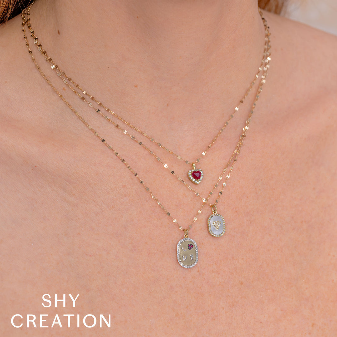 Shy Creation 0.10Ct Diamond & 0.87Ct Mother Of Pearl 14K Yellow Gold Oval Pave Heart Sparkle Chain Necklace SC55028836
