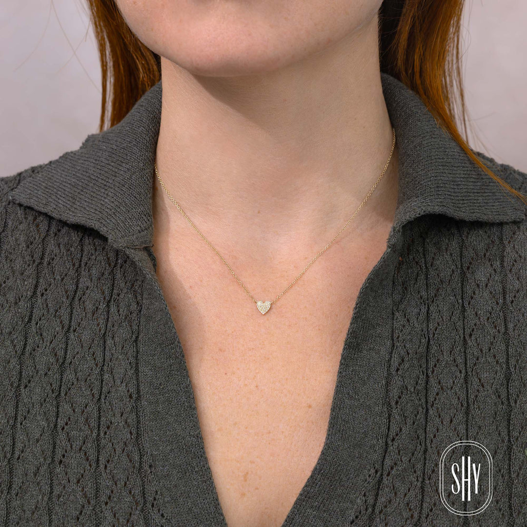 Shy Creation 0.09Ct 14K Yellow Gold Diamond Pave Heart Necklace SC55002133