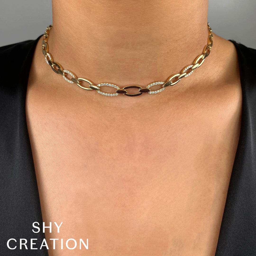 Shy Creation 0.74Ct 14K Yellow Gold Diamond Link Necklace SC55021038V2