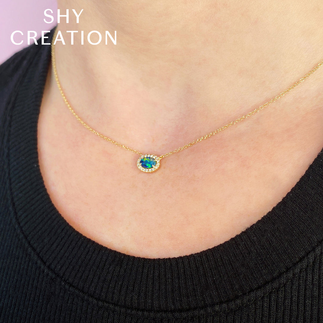 Shy Creation 14K Yellow Gold 0.05 TCW Diamond & 0.33 TCW Opal East-West Necklace SC55022506