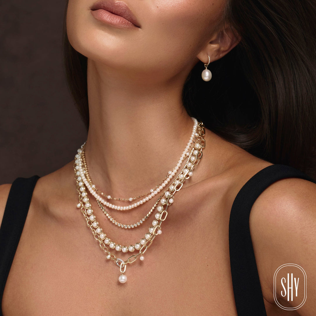 Shy Creation Cultured Pearl Sparkle Chain Necklace in 14K Yellow Gold — styled with other jewellery; additional pieces sold separately — SC55029218