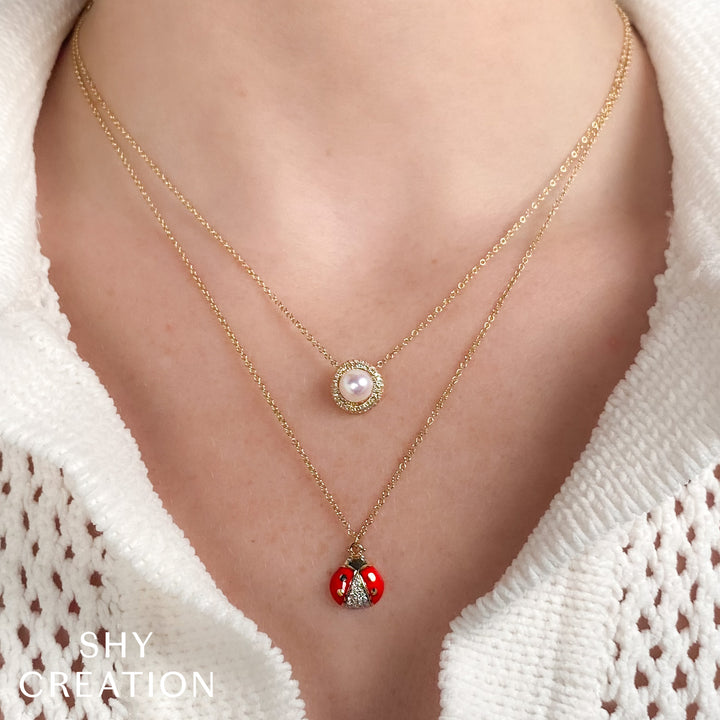 Shy Creation 0.13Ct 14K Yellow Gold Diamond & Cultured Pearl Necklace SC55026351