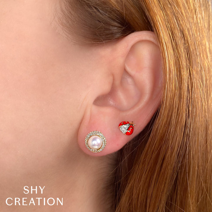 Shy Creation 0.26Ct 14K Yellow Gold Diamond & Cultured Pearl Stud Earring SC55026354