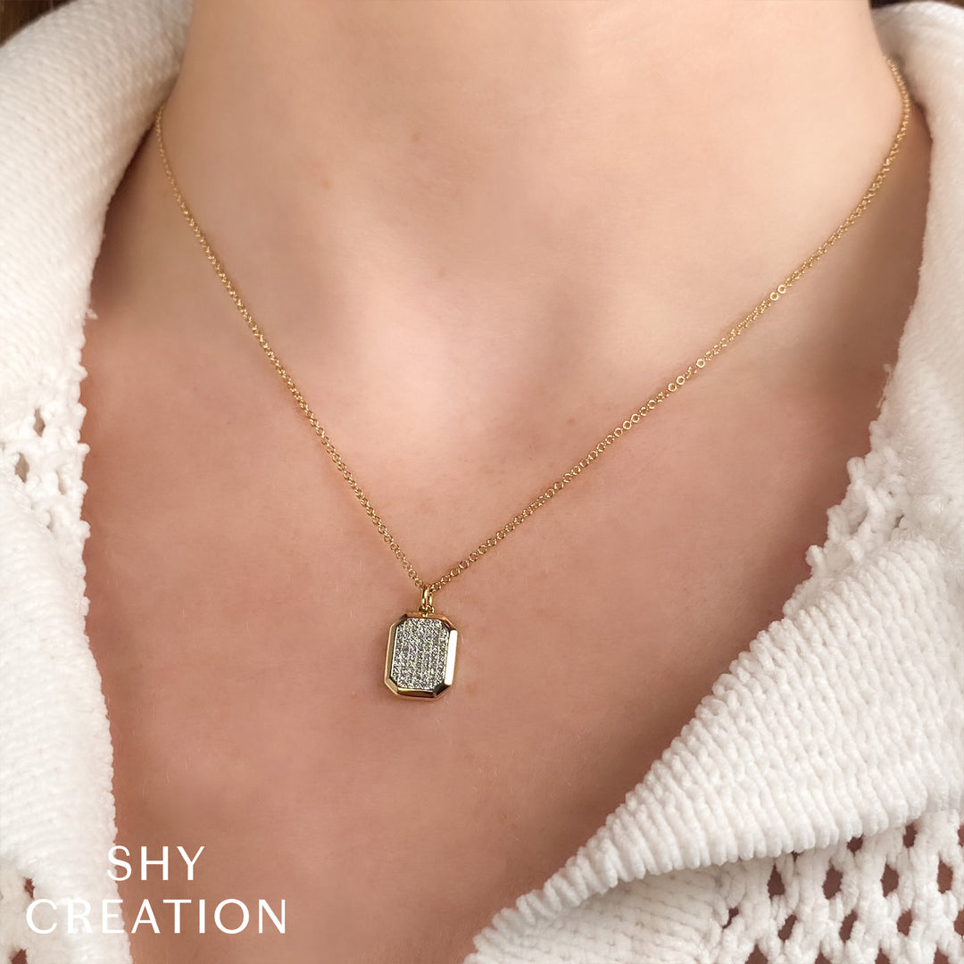 Shy Creation 0.15Ct 14K Yellow Gold Diamond Pave Dog Tag Geo Cut Necklace SC55026394RD