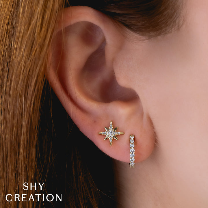 Shy Creation 0.12Ct 14K Yellow Gold Diamond North Star Stud Earring SC55026496
