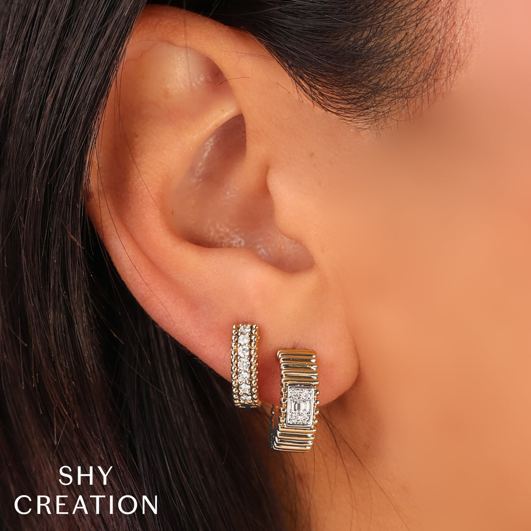 Shy Creation 14K Two-Tone Yellow & White Gold 0.14 TCW Diamond Baguette Ribbed Hoop Earrings SC55026590D0.60