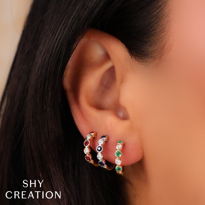 Shy Creation 0.16Ct Diamond & 0.48Ct Ruby 14K Yellow Gold Bezel Huggie Earring SC55026667