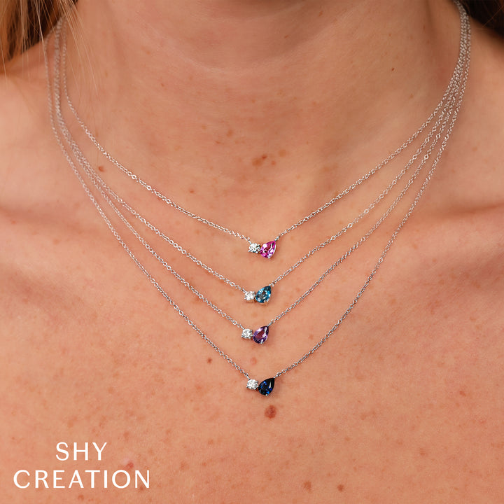 Shy Creation 0.11Ct Diamond & 0.56Ct Blue Sapphire 14K White Gold Pear Necklace SC55027599