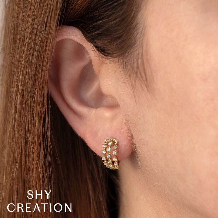 Shy Creation 0.42Ct 14K Yellow Gold Diamond Crown Setting Huggie Earring SC55028702