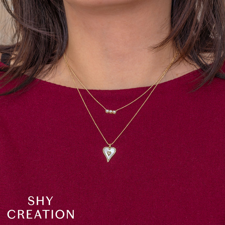 Shy Creation 0.15Ct 14K Yellow Gold Diamond Crown Setting Faceted Ball Chain Necklace SC55028762