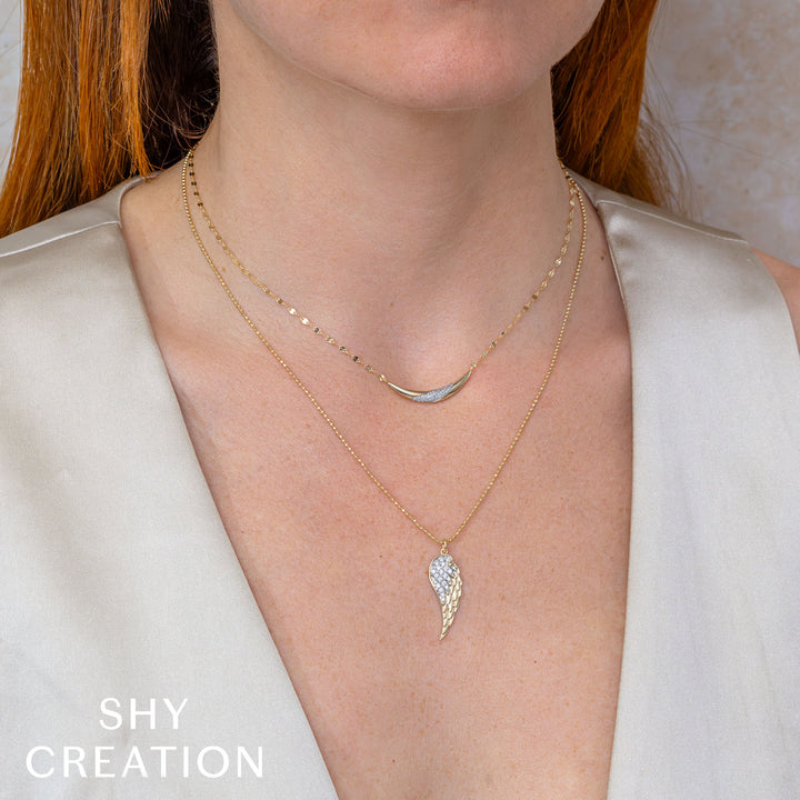 Shy Creation 0.10 TCW 14K Yellow Gold Diamond Pave Crescent Sparkle Chain Necklace SC55028987RD