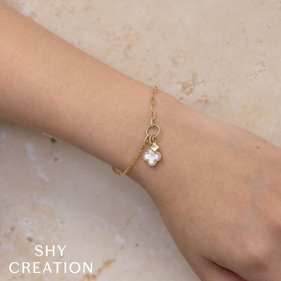 Shy Creation 0.12 TCW Diamond & 0.54 CT Mother Of Pearl 14K Yellow Gold Clover Paper Clip Link Bracelet SC55028999