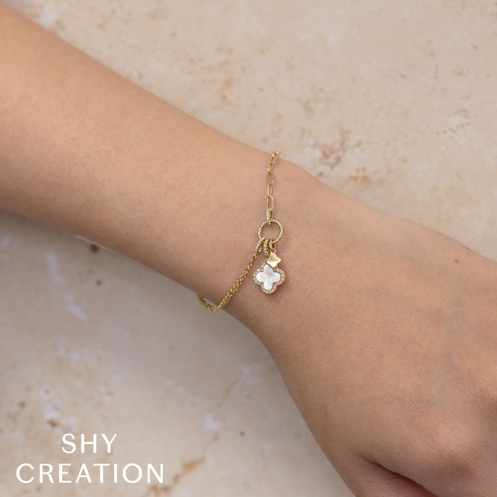 Shy Creation 0.12 TCW Diamond & 0.54 CT Mother Of Pearl 14K Yellow Gold Clover Paper Clip Link Bracelet SC55028999