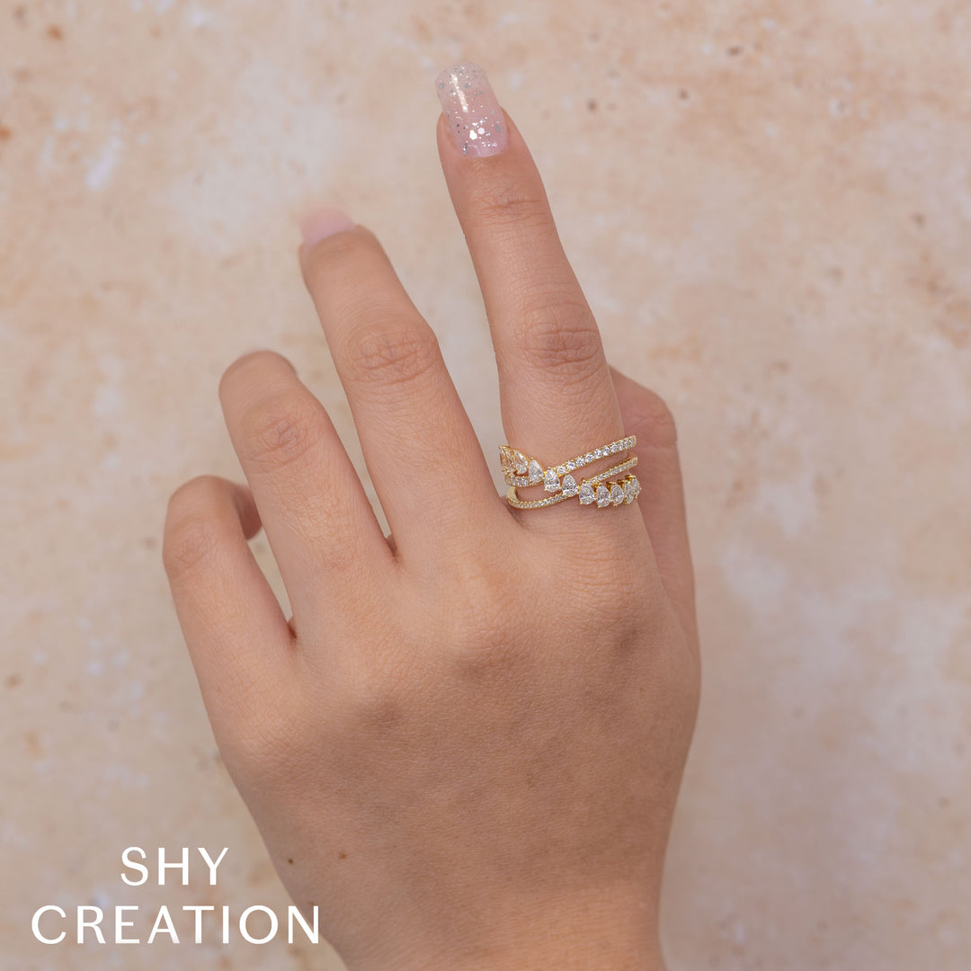 Shy Creation 14K Yellow Gold 1.07 TCW Diamond Pear Bridge Ring SC55029125