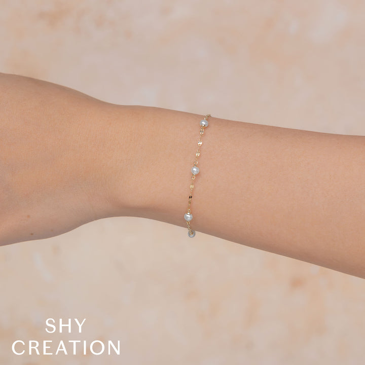 Shy Creation 14K Yellow Gold Cultured Pearl Sparkle Chain Bracelet SC55029215