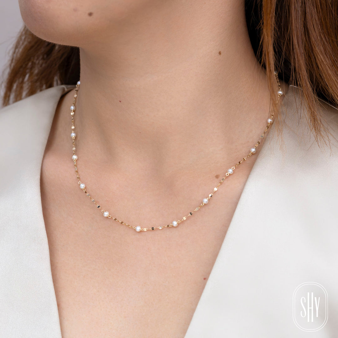 Shy Creation 14K Yellow Gold Cultured Pearl Sparkle Chain Necklace SC55029218