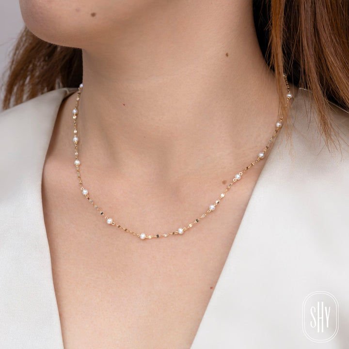 Shy Creation 14K Yellow Gold Cultured Pearl Sparkle Chain Necklace SC55029218