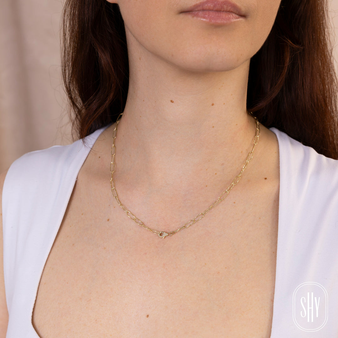 Shy Creation 14K Yellow Gold 0.05 TCW Diamond Clasp Paper Clip Link Necklace SC55029565