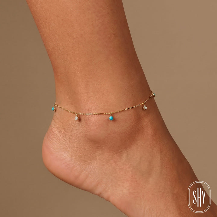 Shy Creation 0.06 ct Diamond & Composite Turquoise Bezel Anklet in 14K Yellow Gold — styled with other jewellery; additional pieces sold separately — SC55029586AK