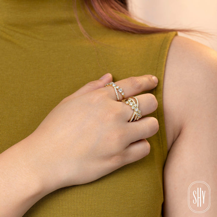 Shy Creation 0.71 ct Diamond Bezel "X" Ring in 14K Yellow Gold — styled with other jewellery; additional pieces sold separately — SC55029740