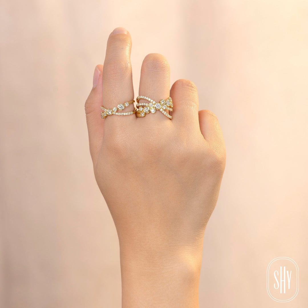 Shy Creation 0.71 ct Diamond Bezel "X" Ring in 14K Yellow Gold — styled with other jewellery; additional pieces sold separately — SC55029740