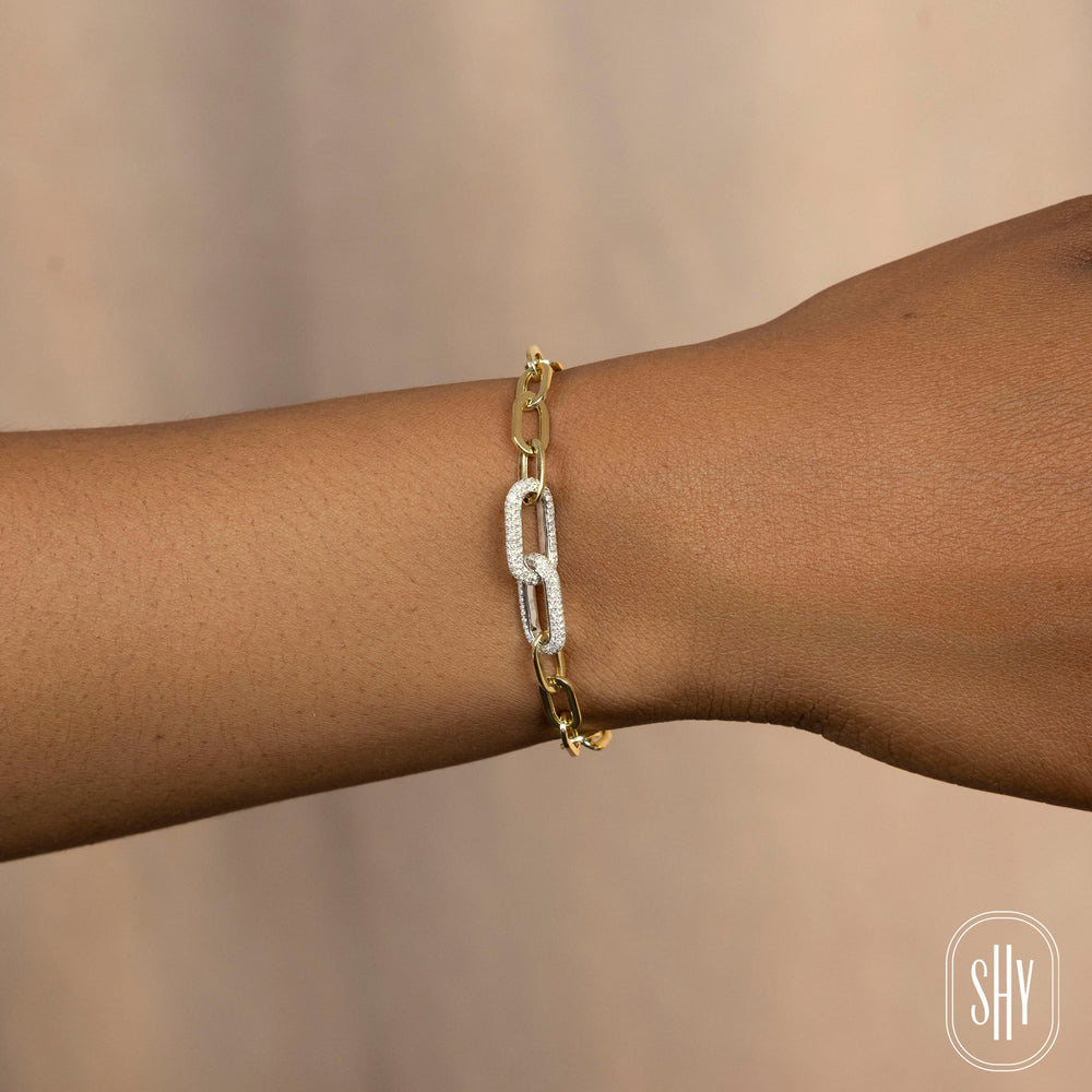 Shy Creation 0.75 ct Diamond Paper Clip Link Bracelet in 14K Two-Tone Yellow Gold — styled with other jewellery; additional pieces sold separately — SC55029901