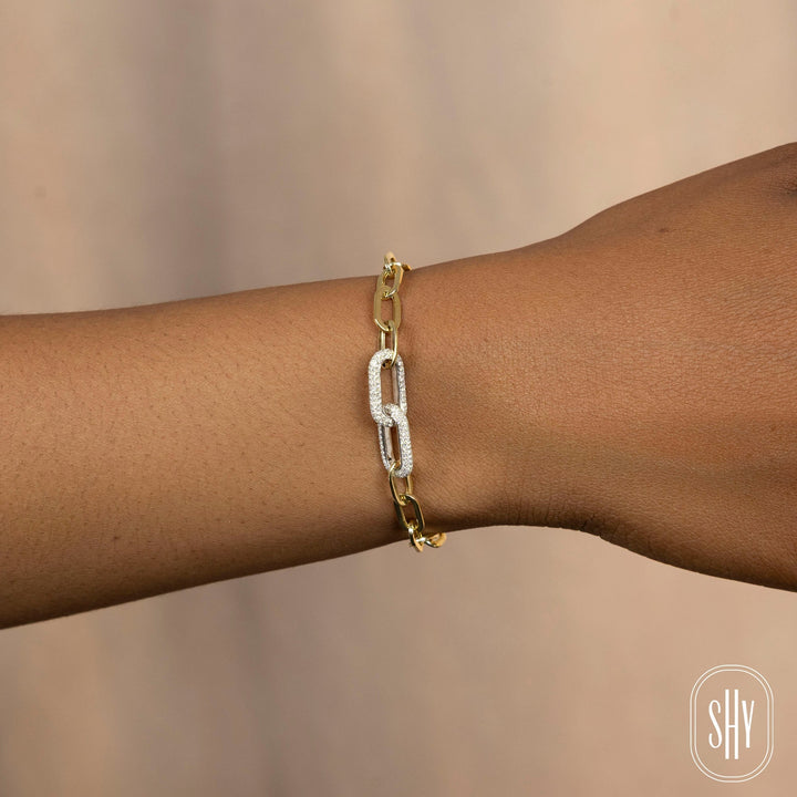 Shy Creation 0.75 ct Diamond Paper Clip Link Bracelet in 14K Two-Tone Yellow Gold — styled with other jewellery; additional pieces sold separately — SC55029901