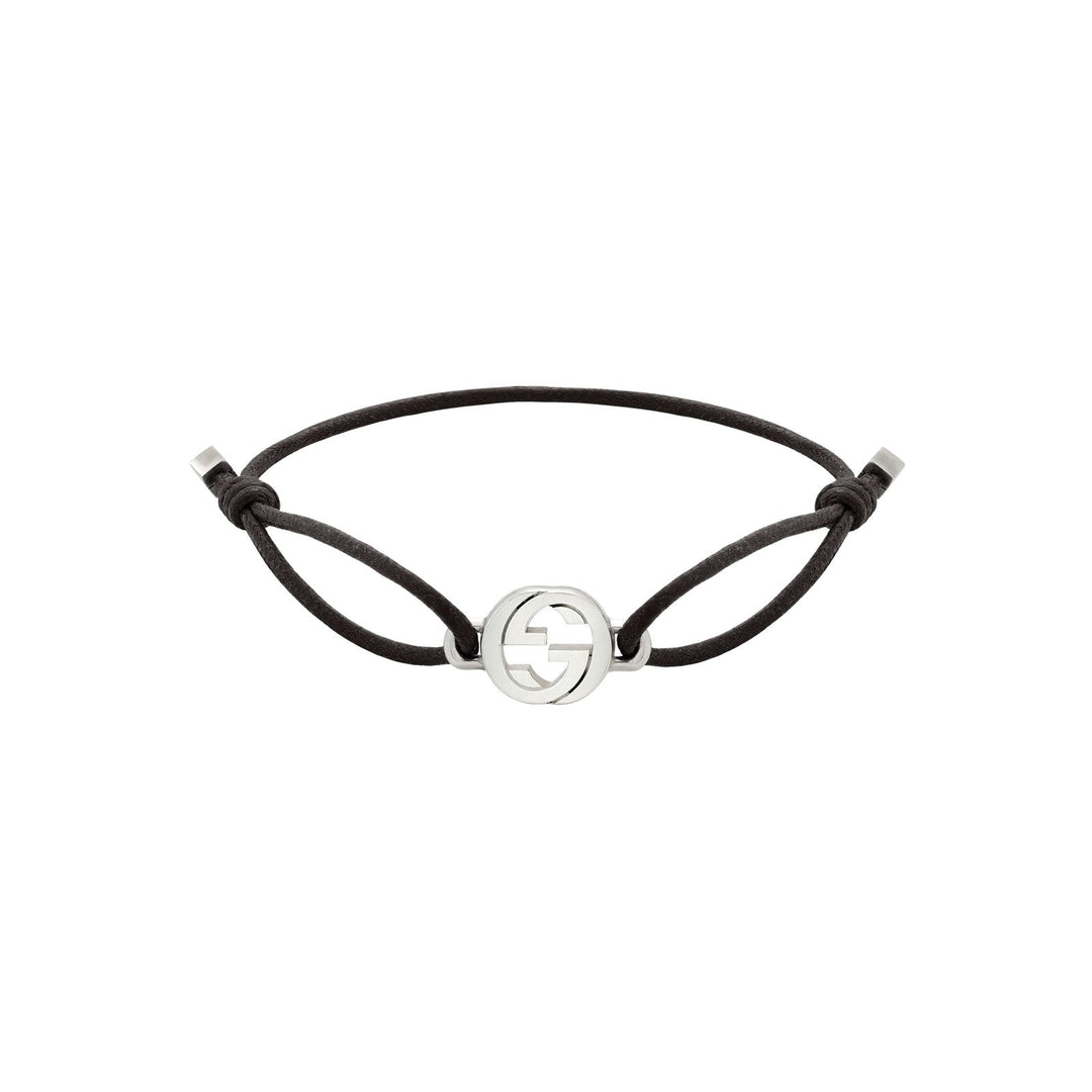 Gucci Interlocking G Sterling Silver and Black Cord Bracelet YBAA002MN00100U