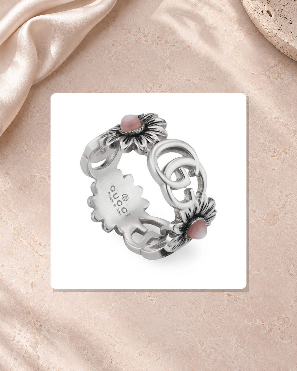 Gucci Sterling Silver GG Marmont Pink Mother Of Pearl Floral Ring YBC527394002015 lifestyle view